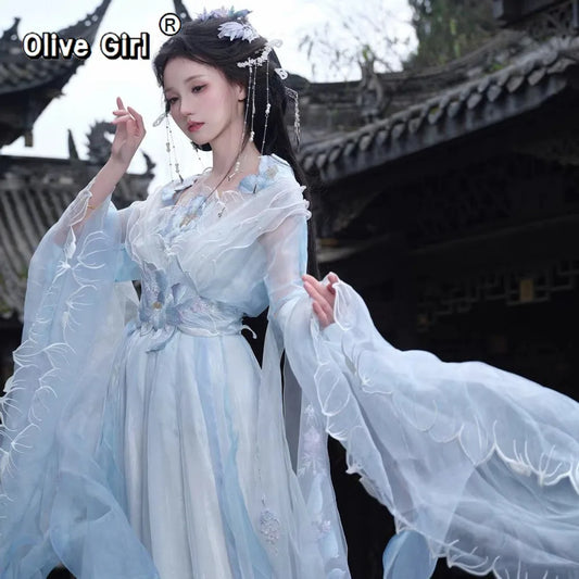 Olive Girl Blue Embroidered Hanfu Dress for Ren Faire 2026 Garden Wedding Fairycore Photoshoot Everyday Wear S-L XS-3XL Plus Size Chinese Heritage Fashion Women