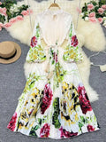 Printed Dress For Women Fashion O-neck Draped Lace Up Waist A-line Casual Vestido Robe Female Autumn
