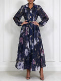 Floral Print Shirt Maxi Dress for Women Point Collar Long Lantern Sleeve Button Front Detachable Buckle Belt Sheer Chiffon