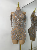 Luxury Women Sexy Sparkly Sequins Halter with Sleeves Mesh Mini Bodycon Nightclub Birthday Dress Party Performance Costume