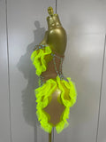 Sexy Sparkly Diamonds Strapless Mesh Ruffled See Through Mini Dress Women Eveing Party Birthday Nightclub Bar Stage Show Costume