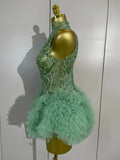 Women Birthday Party Costume Bar Nightclub Singer Sexy Stage Performance Outfit Sparkly Green Diamonds Mesh See Through Bodysuit