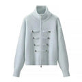 Women's Vintage Knit Cardigan Sweater Jacket Stand Collar Double Breaste Two Way Zipper Loose Street Coat Autumn Winter