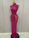 Luxury Sparkly Crystal Diamond Mesh See Through Maxi Long Dress Women Elegant Party Costume Singer Sexy Stage Performance Outfit