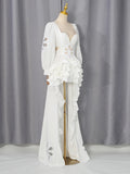 Fashion Style White Cutout Floral Accent Gown for Women Square Collar Puff Sleeve Asymmetric Train Skirt for Beach Elopement