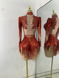 Women Sexy Long Sleeve Spandex Beading Tassels Skiny Bodysuit Performance Dance Costume Nightclub Party Outfit