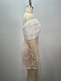 Luxury Beaded Glam Off-the-shoulder One-word Collar Short Dress Socialite Birthday Party Performance Wear Cocktail Formal Gown