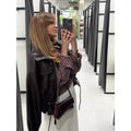 Elastic Drawstring Leather Jacket Zipper Stand Collar Long Sleeved Short Jackets Lady 2026 Autumn Women Chic Street Outerwear