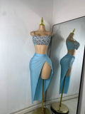 Sparkly Rhinestone Diamonds High Split Two Pieces Women Sexy Outfit Night Club Skirt Suits Dancer Singer Performance Costume