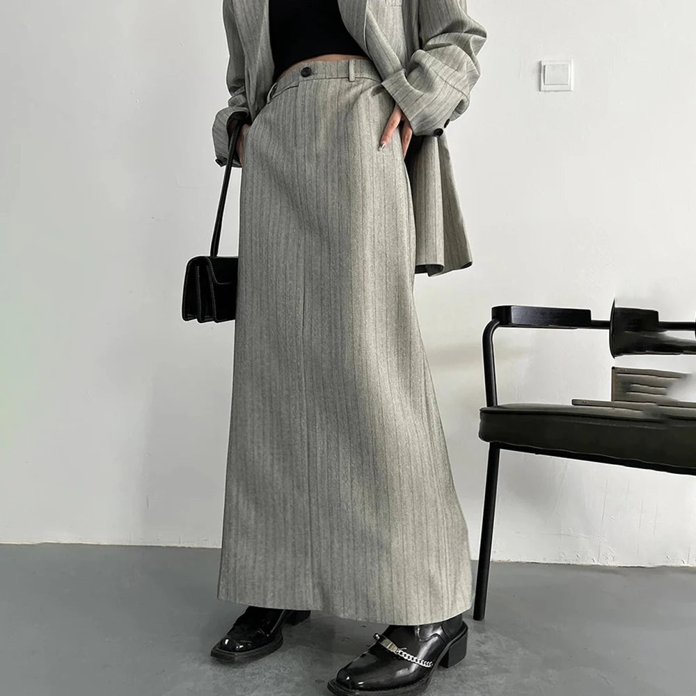 Temperament Two Piece Sets For Women Notched Collar Long Sleeve Spliced Button Blazer Straight Skirts Female New