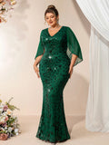 2026 Plus Size Luxury Green Evening Dresses Women Chiffon Sleeve Mermaid Formal Sequins Prom Wedding Party Cocktail Gowns