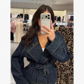 Women Dark Blue Denim Sets Vintage Lapel Belted Peplum Long Sleeve Cuff Top Wide Leg Pants Outfit 2026 Lady Autumn Chic Suits