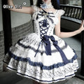 Olivegirl Lolita Dresses New Chinese Style Flower Print Lace Patchwork Sweet Bow Appliques Short Spaghetti Strap Dresses