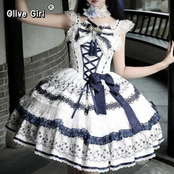 Olivegirl Lolita Dresses New Chinese Style Flower Print Lace Patchwork Sweet Bow Appliques Short Spaghetti Strap Dresses