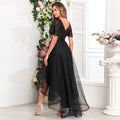 Women Elegant V-neck Ruffle Short Sleeve Evening Dress A-Line Fluffy Gauze Irregular Party Dress Formal High-Low Vestidos