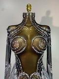 Sparkly Rhinestones Sequins Fringes Birthday Celebrate Evening Dress Women Sexy Mesh Transparent Dance Costume Photo Shoot Wear