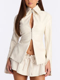 Streetwear Faux Leather Jacket for Women Lapel Collar Front Zip Hollow Cutout Flared Sleeve Slim for Autumn Outfits
