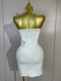 Elegant White Strapless Cocktail Party Women Eveing Prom Club Birthday Dress Sexy Sparkly Crystal Side Split Bandage Mini Dress