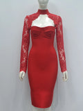 2026 Spring Autumn Women Bandage Dress Elegant White Sexy Long Sleeve Hollow Lace Bodycon Club Evening Party Vestidos