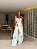 White Floral Print Two Piece Set Spaghetti Strap Ruffle Corset Top Strap Wide Leg Pants 2026 Summer Street Casual Women Outfit