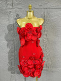 Strapless 3D Handmade Flower RhinestoneBandage Mini Dress Women Sky CorsetBodycon Short Cocktail Party Evening Dress