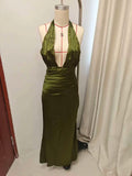 Elegant Satin Corset Long Dresses Luxury Women's Halter Maxi Dress Evening Wedding Guest Party Gown Brown Red Green Burgundy New