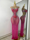 Sparkly Rhinestones Women Sexy Hollow Out High Split Elegant Bodycon Long Outfit Birthday Dress Stage Wear Performance Costume