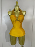 Women Sexy Gold Stretch Bodysuit Sparkly Rhinestone Birthday Party Nightclub Bar Dancer DJ Performance Photoshoot Stage Costume