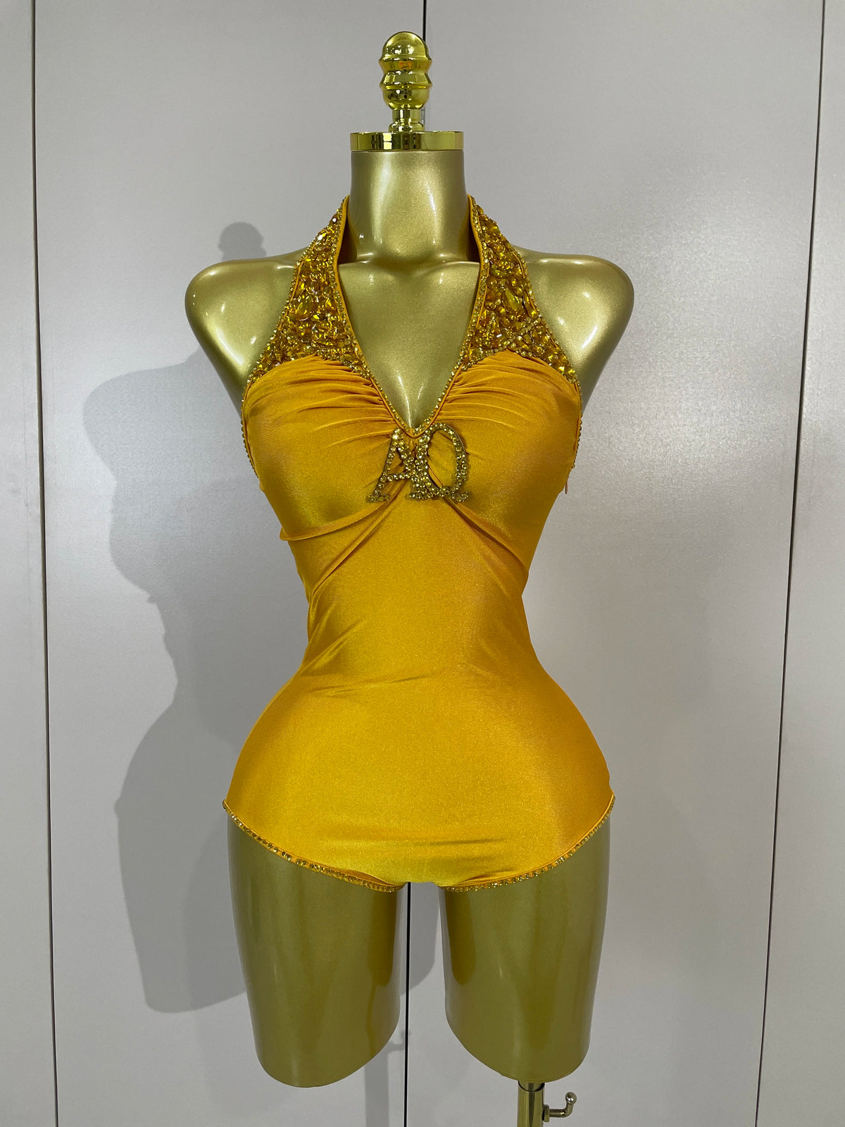 Women Sexy Gold Stretch Bodysuit Sparkly Rhinestone Birthday Party Nightclub Bar Dancer DJ Performance Photoshoot Stage Costume