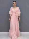Women Maxi Dresses V Neck Lantern Sleeve 3D Flower Ruffle Hem Big Swing Elegant Vacation Summer