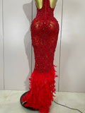 Luxury Sparkly Red Rhinestones Feather Sexy Mesh See Through Long Dress Women Birthday Evening Nightclub DJ Dancer Stage Costume