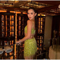 Women's Lime Green Sequined skirts Set 2 pieces sexy Spaghetti Strap Crop Top Mini Skirt with Tassel Lady Party Outfits