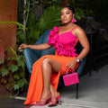 New Fashion Orange Color Women Sleeveless Sexy V-Neck Ruffles Bodycon Mid-calf Bandage Dress Birthday Celebrate Party Dress