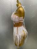 Sexy Pearl Sequins Tassel Sleeveless Glitter Mini Dress Women Singer Bar Nightclub Stage Performance Clothing Show Outfit