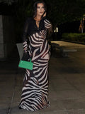 Women Zebra Stripe Long Dress Fashion Elegant Lace Up Full Sleeve Slim-fit Robes 2025 New Evening Party Fashion Lady Vestidos