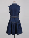 2026 New Blue Sleeveless Women Single-Breasted Belt Short Denim Dresses Woman Retro Slim A Line Mini Dress