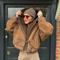 Women's Brown patchwork Hooded Jacket With Faux Fur Lining Fashion Horn Button Bomber Coat Lady Winter Casual Outerwear