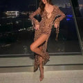 Sexy Chiffon Leopard Printing Dress for Women V Neck Long Sleeve Patchwork Lace Up Split Evening Club Maxi Dresses