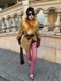Camel Plaid Wool Blend Blazer Women Belted Waist Faux Fur Collar Vintage Shoulder Pads Coats Elegant Winter Outerwear Jackets
