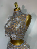 Sparkling Rhinestone Sexy See Through Blackless Top Skirt Two Pieces Set Woman Luxury Birthday Evening Party Gowns