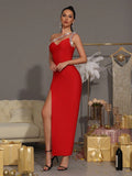 High Quality Sexy One Shoulder Shinning Diamond Bodycon Bandage Long Dress Women Fashion Celebrate Evening Party Vestido