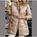 Women Hooded Quilted Mid-Length Puffer Coat Zipper Shiny Surface Warm Cotton Padded Jacket 2026 Fashion Casual Winter Outerwear