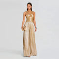Women's Halter Crisscross Cutout Front Pleated Metallic Maxi Dress Slim Waist Backless New Wide Flare Skirts Floor Length Party