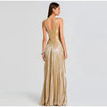 Women's Halter Crisscross Cutout Front Pleated Metallic Maxi Dress Slim Waist Backless New Wide Flare Skirts Floor Length Party