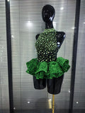 Shining Green Sequins Women Sexy Mesh See Through Bodycon Bodysuit Celebrate Nightclub Party Performance Costumes Stage Wear