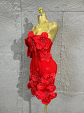 Strapless 3D Handmade Flower RhinestoneBandage Mini Dress Women Sky CorsetBodycon Short Cocktail Party Evening Dress