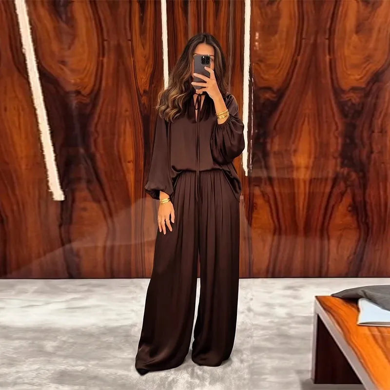 Solid Color Tie Neck Satin Blouse Wide Leg Pants Two Piece Set Long Sleeve Loose Fit 2026 Spring Daily Vacation Women Outfit