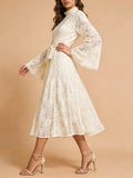 Elegant Vintage Green Lace Midi Dress for Women High Neck Sheert Flare Sleeve Belted Waist Desgin for Luxury Dinners Party