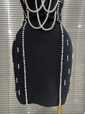 Black Color Women Sexy Strap Pearl Beading Bodycon Mini Bandage Dress Florals Celebrate Nightclub Party Cocktail Outfit
