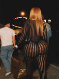 Hottie See Through Jumpsuit Women O-Neck Irregular Stripe Patchwork Jacquard Hollow Sexy Street Stretch Slim Overall